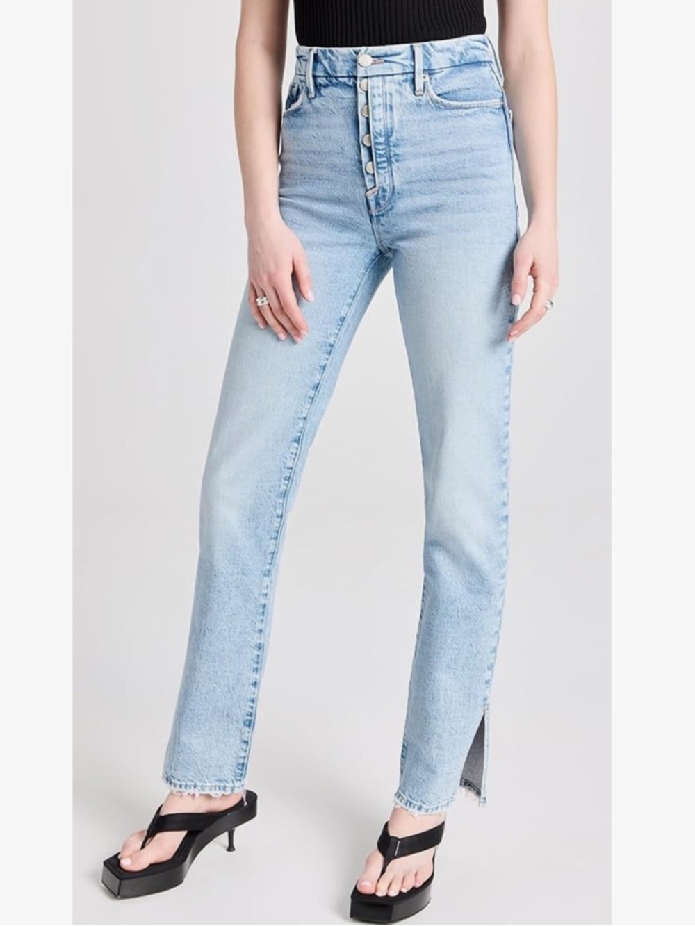 GOOD AMERICAN good boy straight leg boyfriend jeans light wash split hem size 30